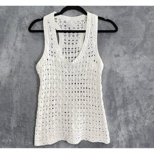 WAI MING Women Open Knit Crochet Tank Top Sz L White Racerback Spring 17-12